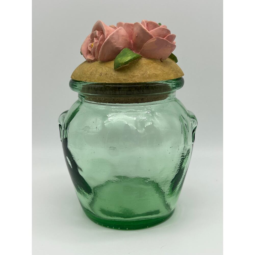 Green Embossed‎ Kitchen Glass Storage Jar Decorative Pink Roses Cork Lid